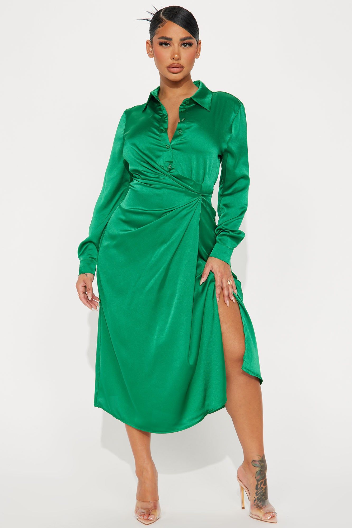 Isabella Satin Midi Dress - Green sold by Fashion Nova