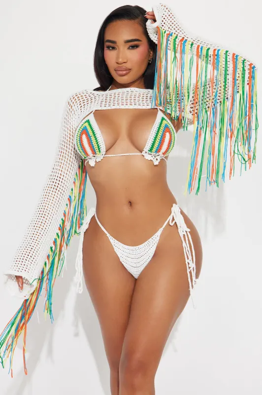 Andrina Fringe Crochet 3 Piece Sunsuit - White/combo sold by Fashion Nova