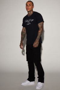 Kenny Stacked Skinny Flare Cargo Pants - Black sold by Fashion Nova