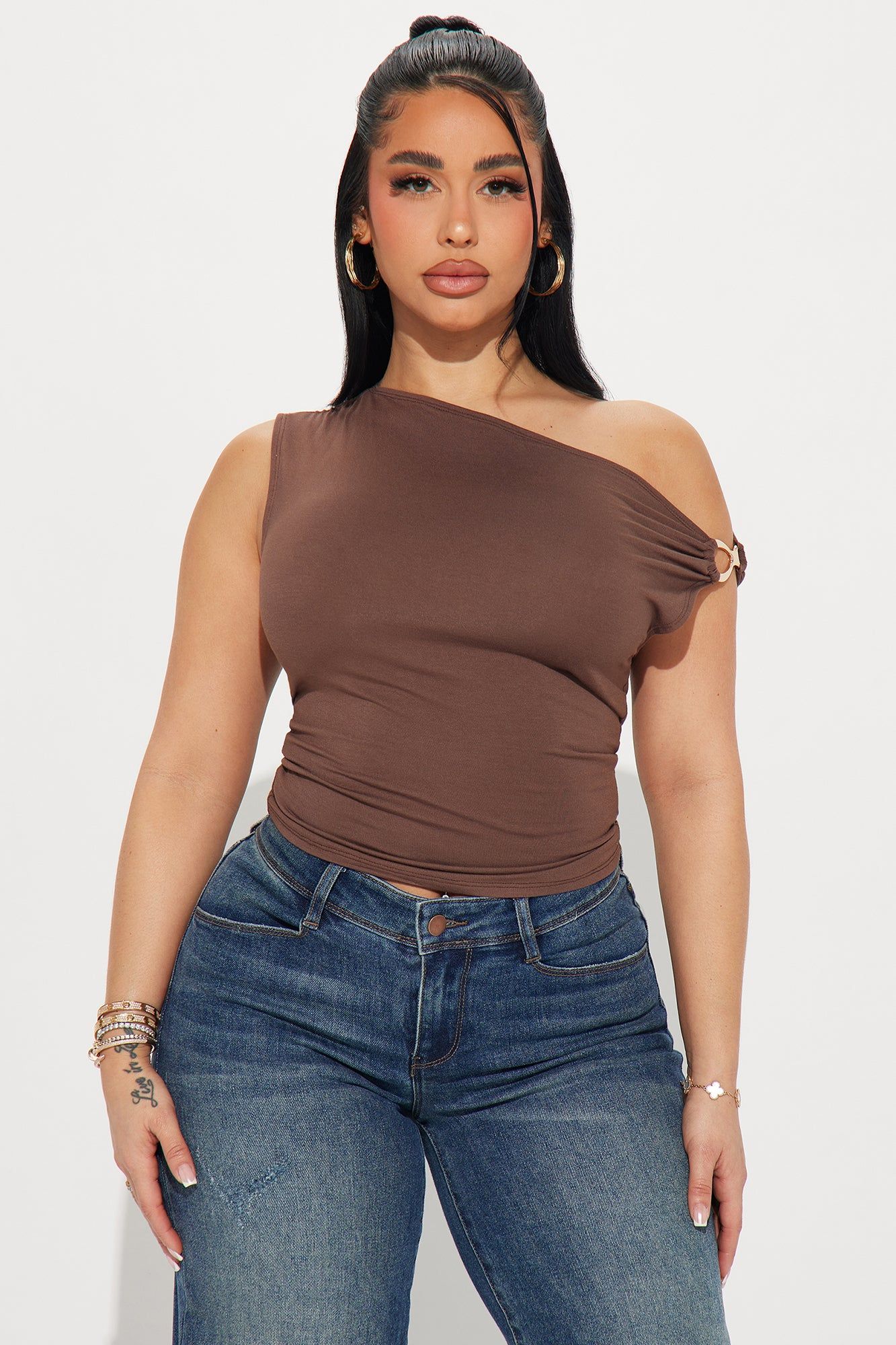 A Sure Thing One Shoulder Top - Chocolate sold by Fashion Nova