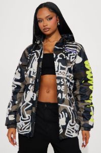 Keith Haring Camo Zip Front Jacket - Camouflage sold by Fashion Nova