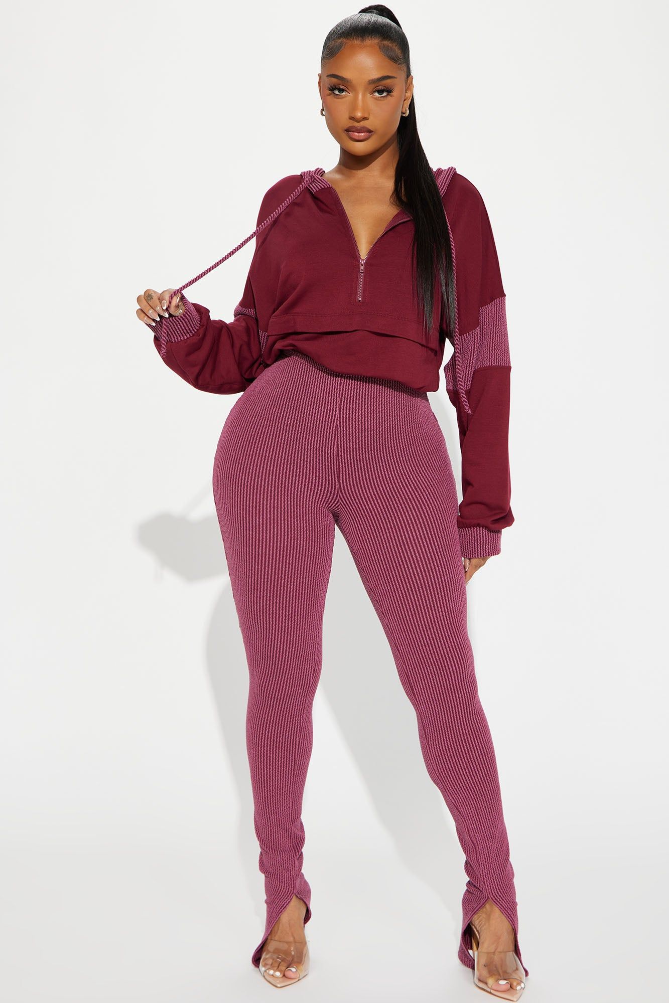 Off The Stage Hoodie Jumpsuit - Burgundy sold by Fashion Nova