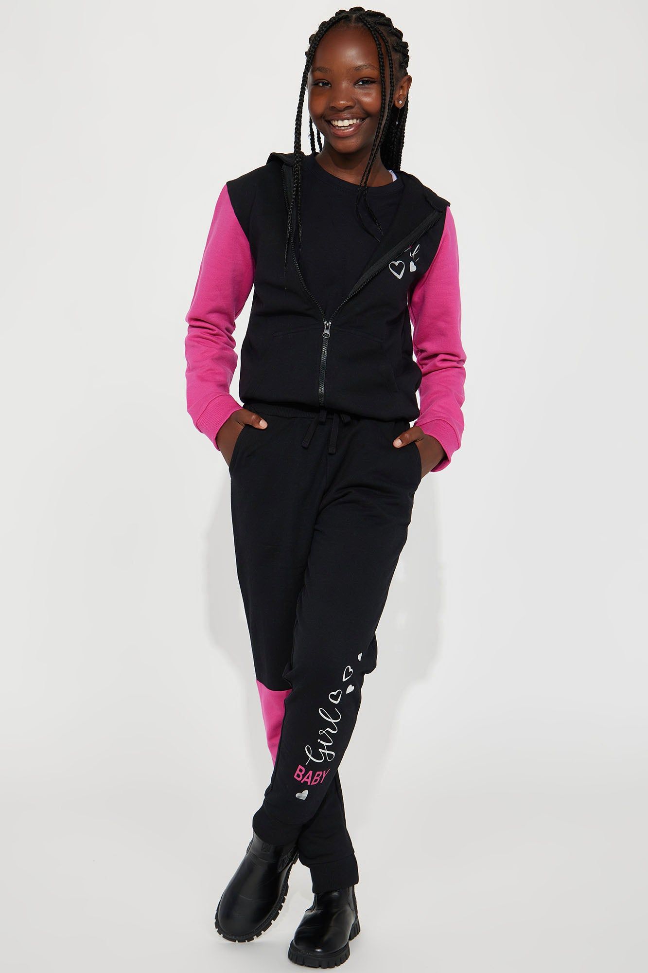 Mini Baby Girl Colorblock Fleece Jogger Set - Black/Pink sold by Fashion Nova