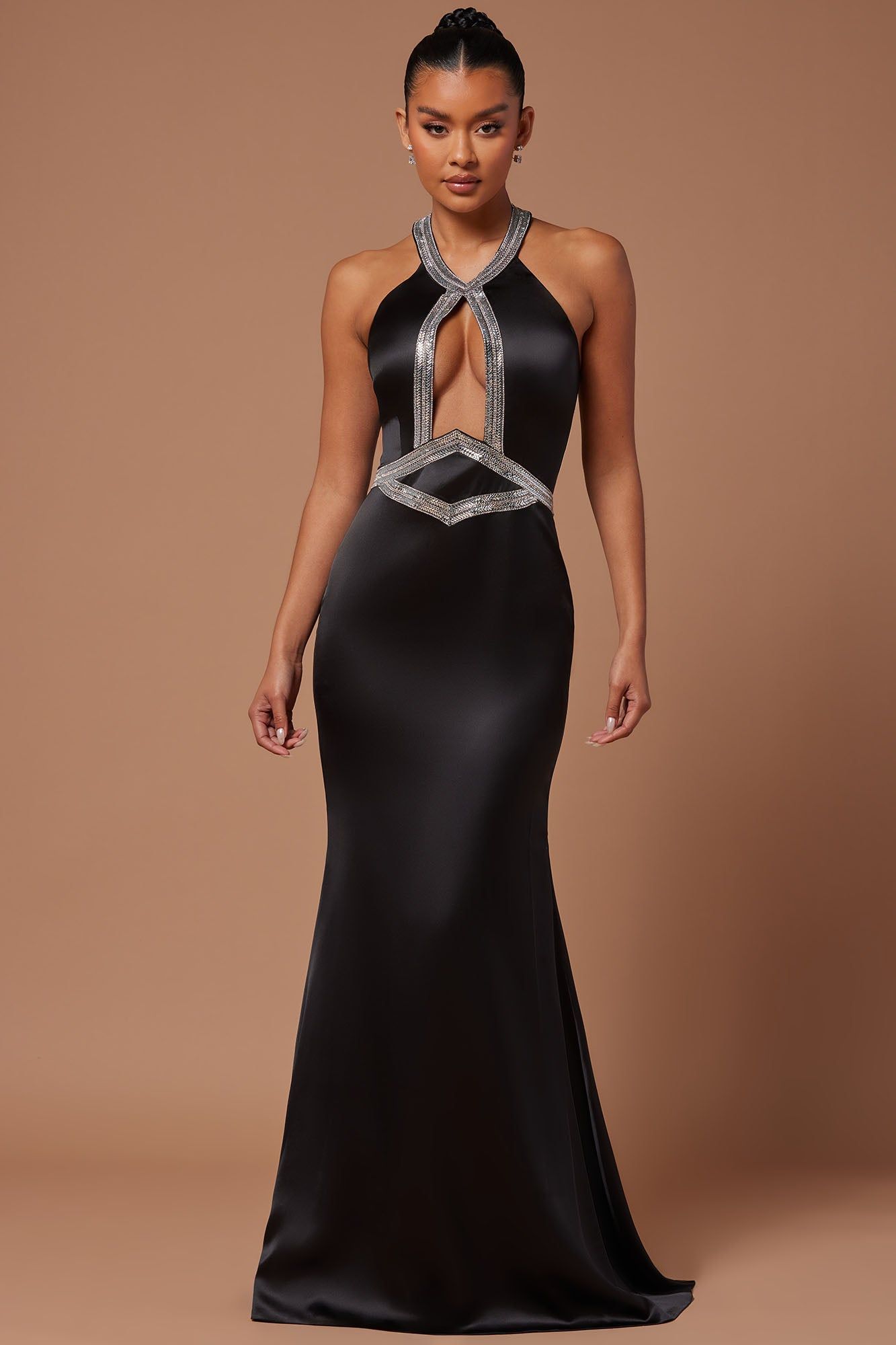 Marnee Satin Embellished Gown - Black sold by Fashion Nova