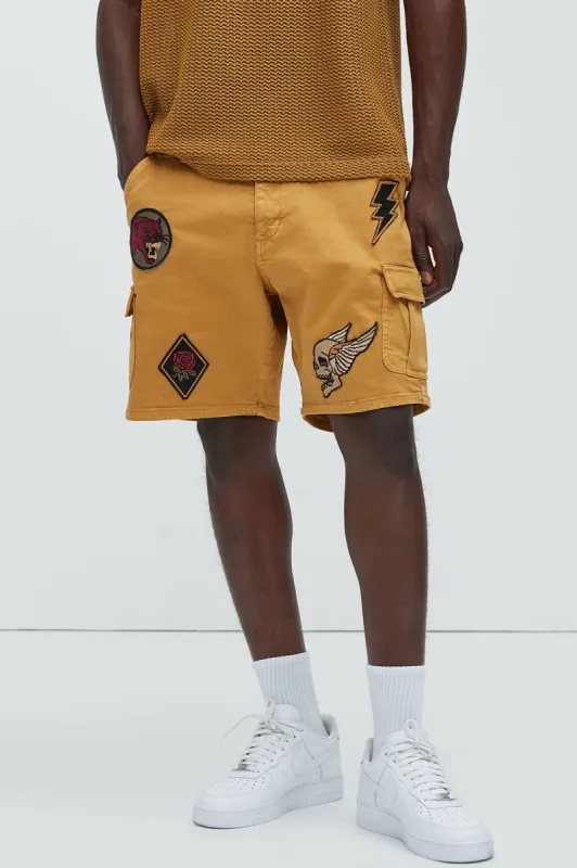 Feel Good Patched Cargo Shorts - Tan sold by Fashion Nova