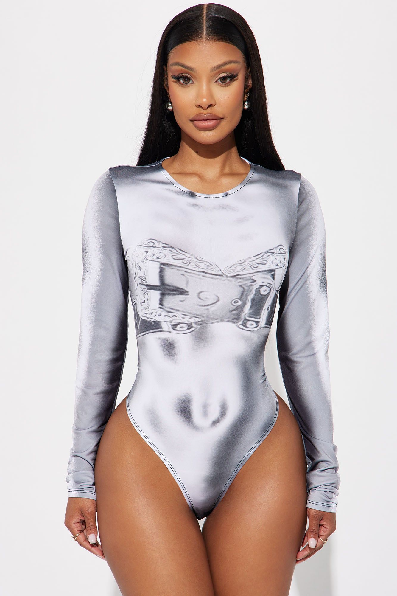 Buckle Up Long Sleeve Bodysuit - Black/combo sold by Fashion Nova
