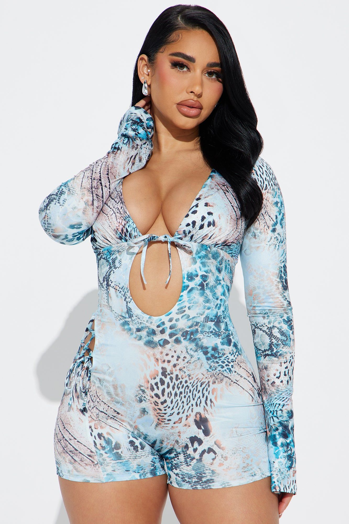 Look This Way Romper - Blue/combo sold by Fashion Nova