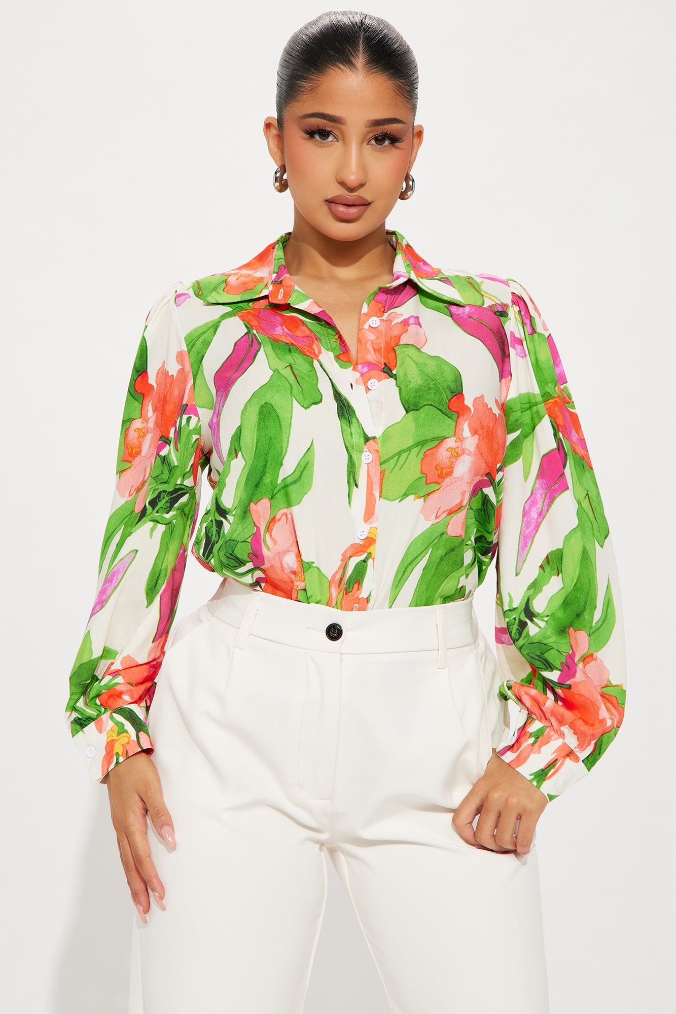 Book A Flight Floral Shirt - Ivory/combo sold by Fashion Nova