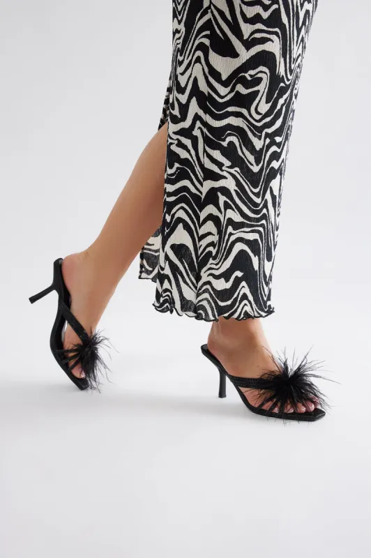 Party Mode Feather Rhinestone Mules - Black sold by Fashion Nova