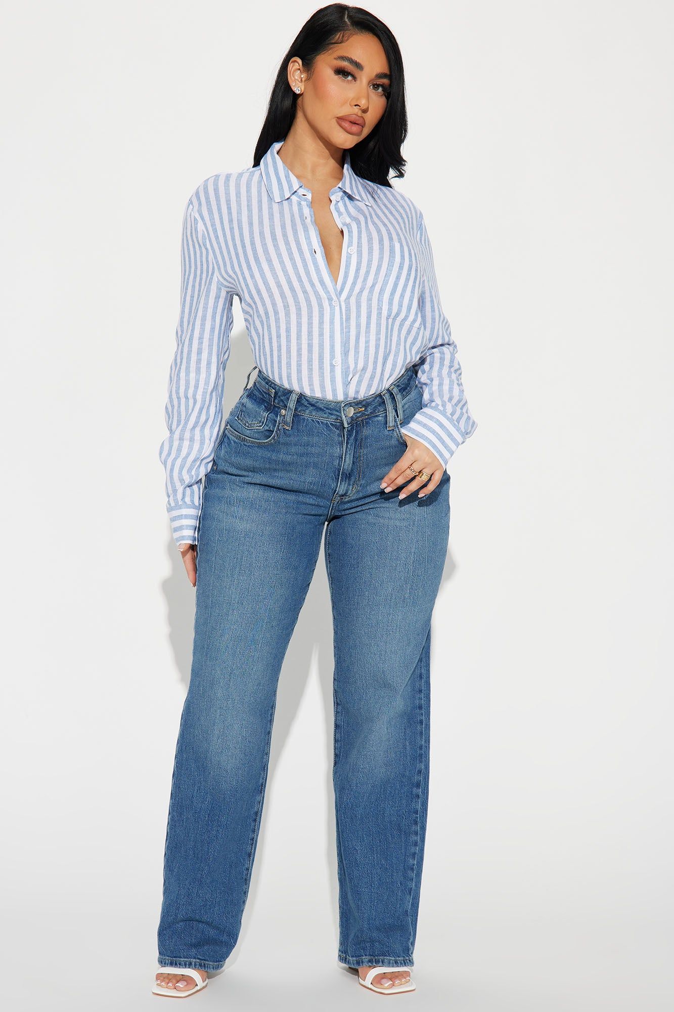 Salty Air Striped Linen Shirt - White/Blue sold by Fashion Nova