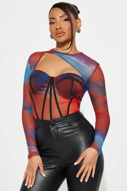 A Crazy Love Mesh Corset Top - Burgundy/combo sold by Fashion Nova