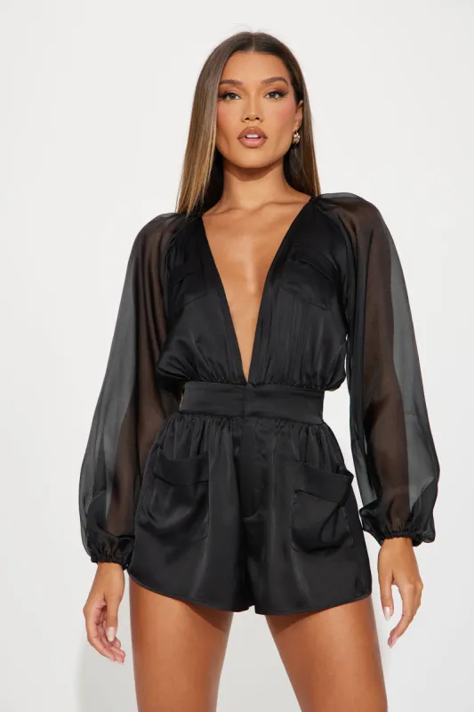 All About Me Satin Romper - Black sold by Fashion Nova