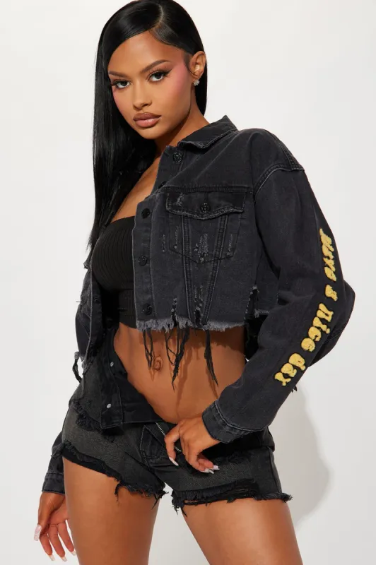 Have A Nice Day Happy Denim Trucker Jacket - Black Wash sold by Fashion Nova