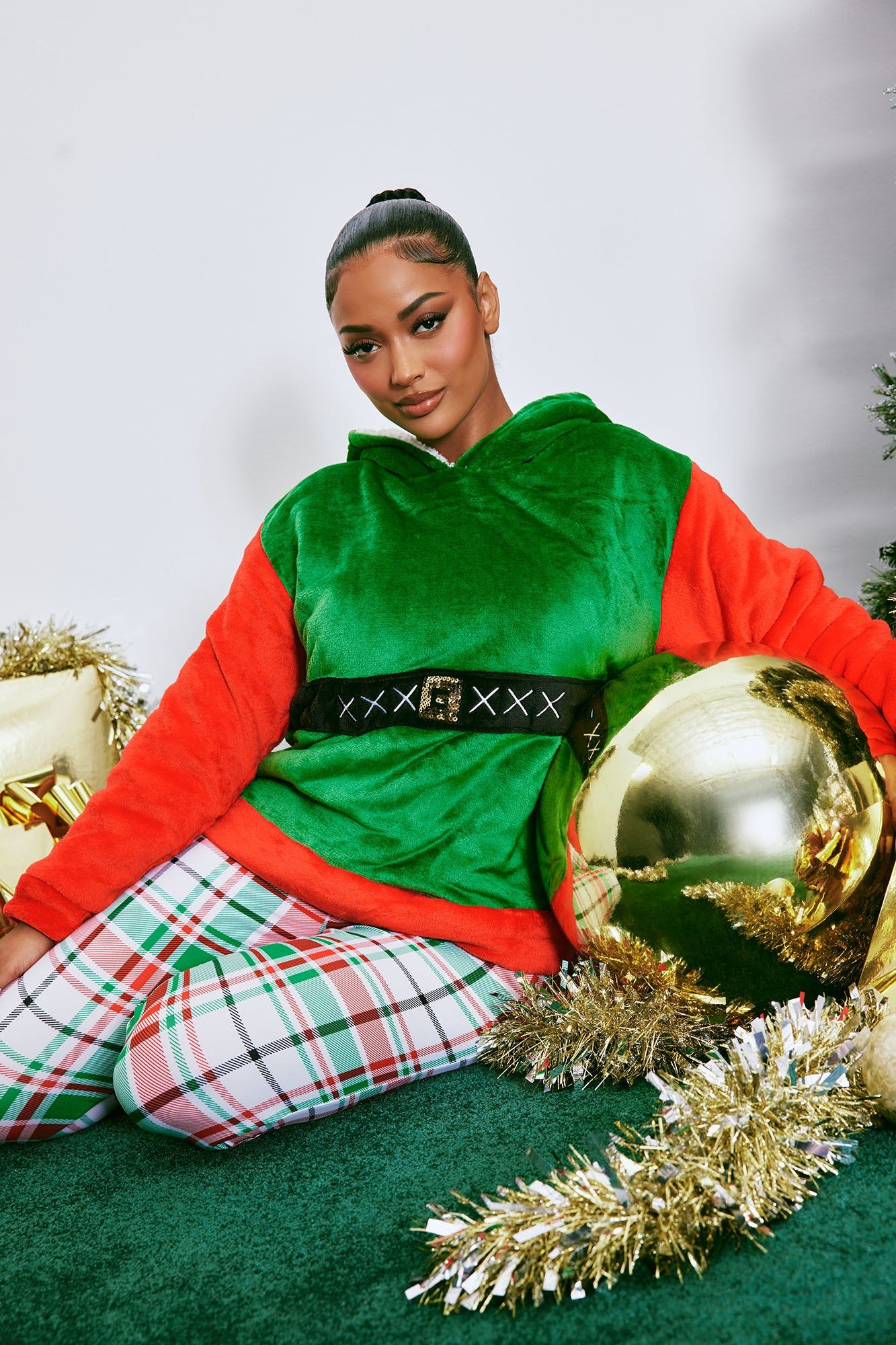 Santa's Helper 2 Piece Plush Hoodie PJ Set - Red/combo sold by Fashion Nova