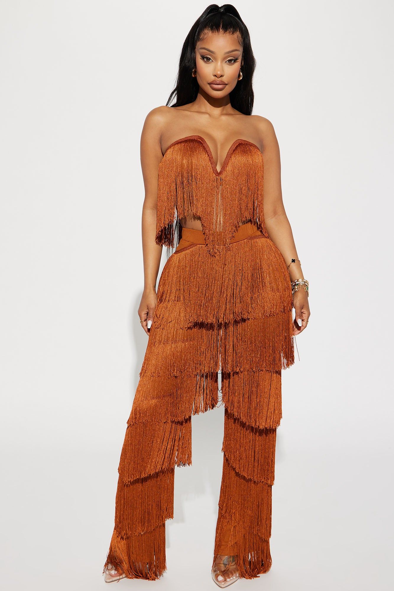 Spot Me Outside Fringe Pant Set - Cognac sold by Fashion Nova