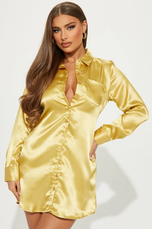 Gillian Satin Shirt Mini Dress - Gold sold by Fashion Nova