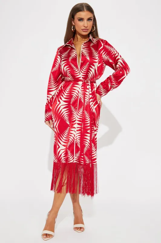 Fringe Finesse Satin Midi Dress - Red/White sold by Fashion Nova