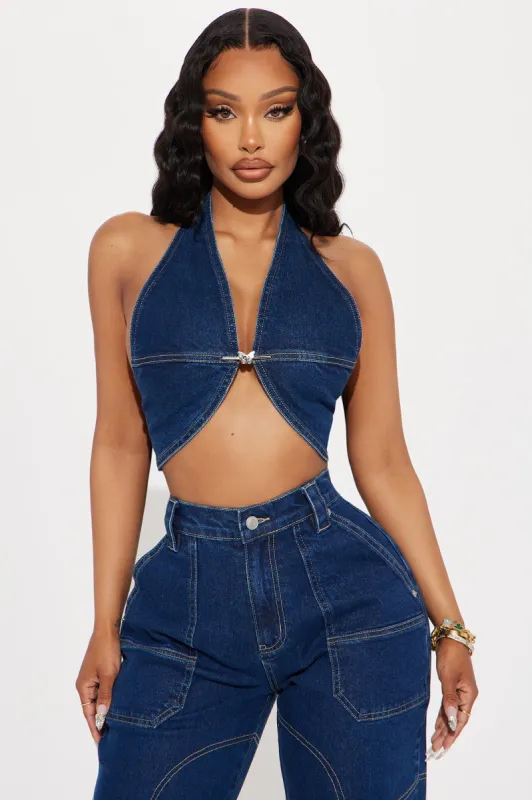 Love It Or Leave It Denim Halter Top - Dark Wash sold by Fashion Nova