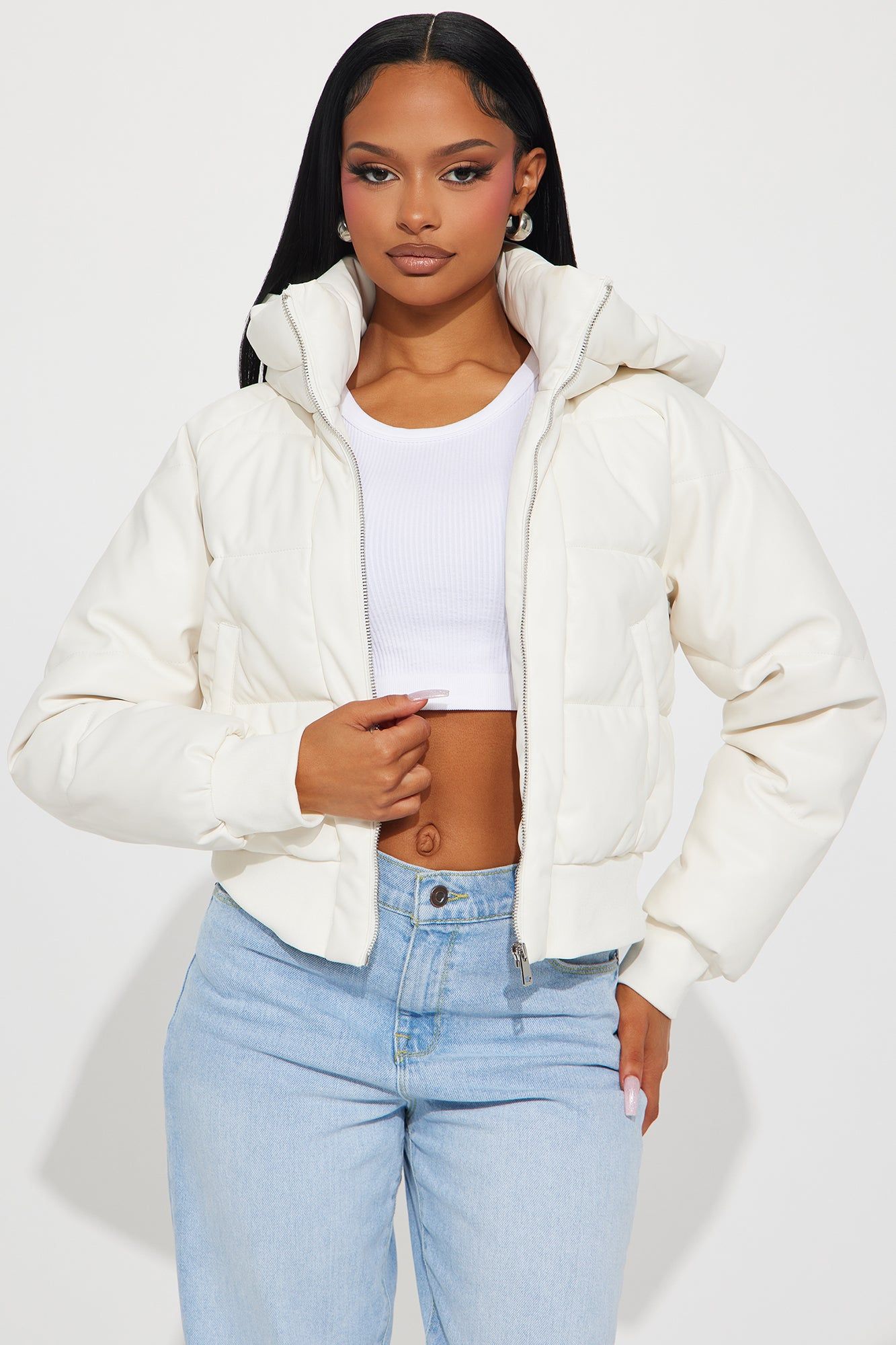 Got Her Own Faux Leather Puffer - White sold by Fashion Nova