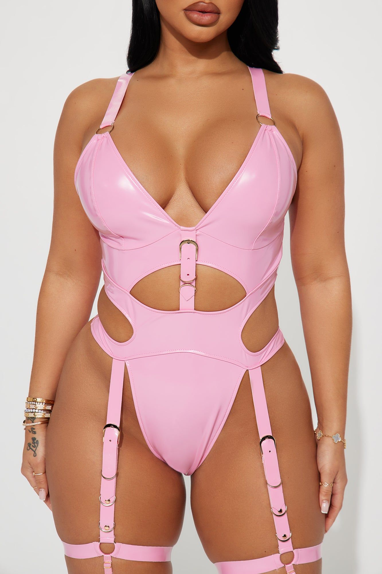 Secretly Naughty Vinyl Strappy Garter Teddy - Pink sold by Fashion Nova