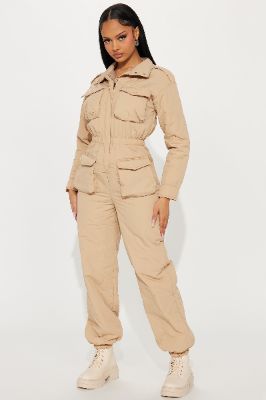 Wrightwood Puffer Jumpsuit - Taupe sold by Fashion Nova