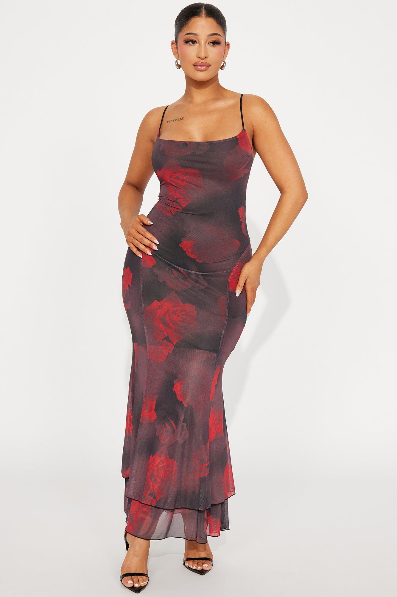 Ryleigh Printed Mesh Maxi Dress - Burgundy sold by Fashion Nova