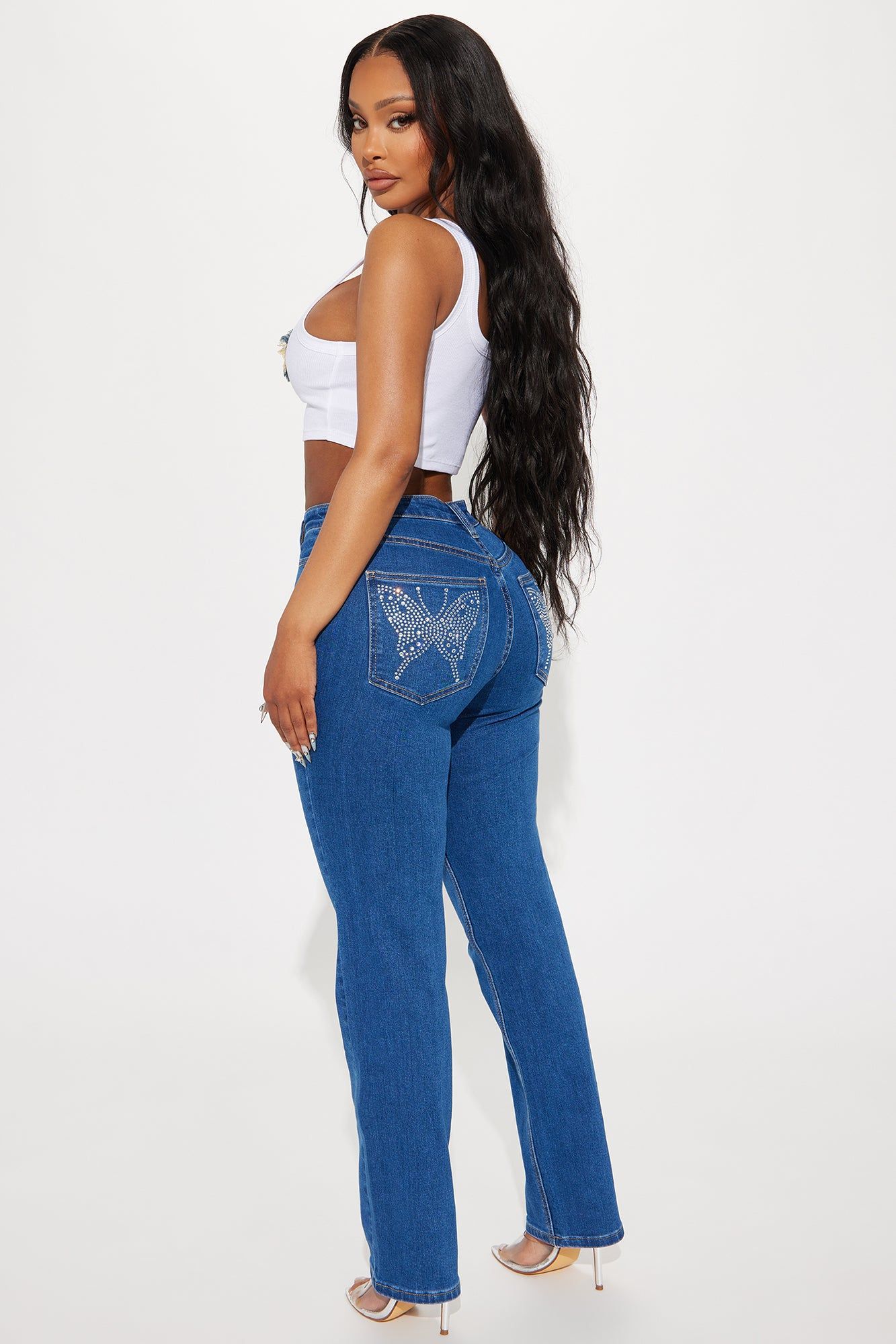 Mariah Butterfly Embellished Cropped Straight Leg Jeans - Medium Wash sold by Fashion Nova