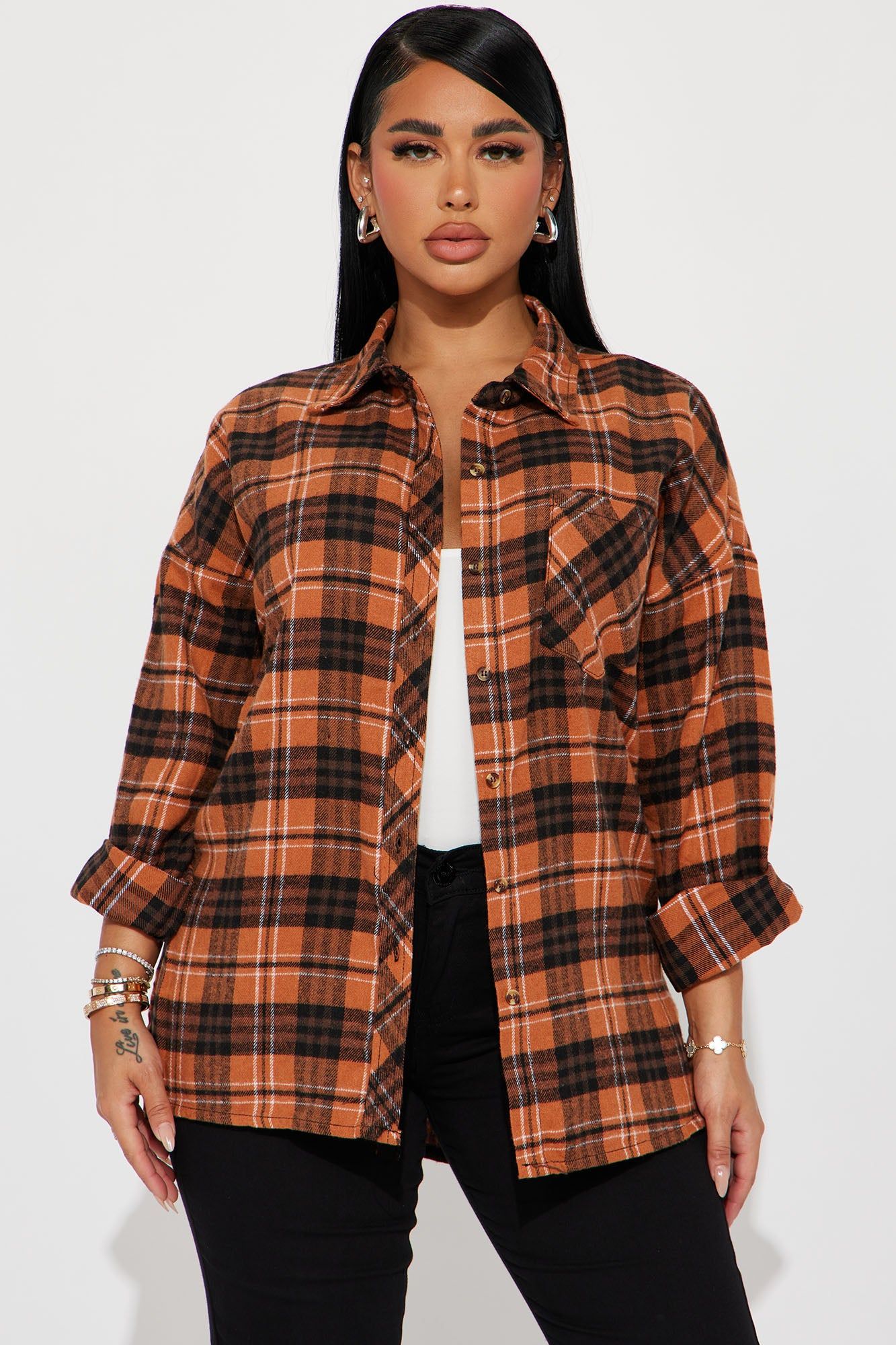 Perrie Plaid Shirt - Orange/combo sold by Fashion Nova