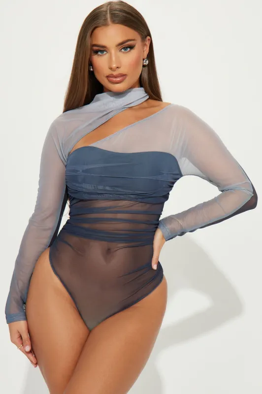 Keep You Guessing Mesh Bodysuit - Grey/combo sold by Fashion Nova