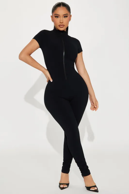 Anabel Short Sleeve Snatched Jumpsuit - Black sold by Fashion Nova