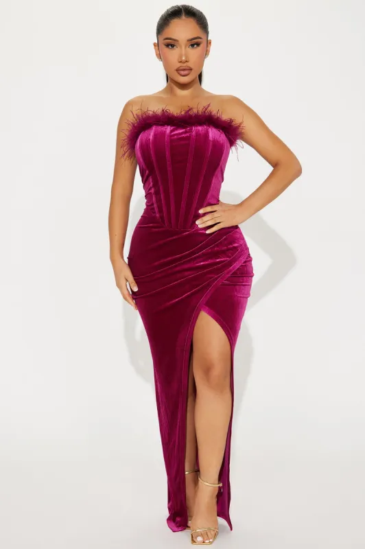 Angelica Feather Trim Velvet Gown - Magenta sold by Fashion Nova