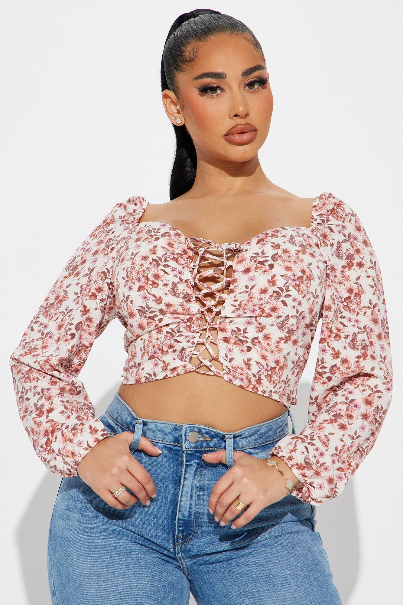 Flower Fields Blouse Top - Peach/combo sold by Fashion Nova