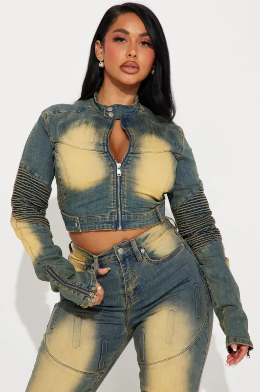 Away From Here Denim Moto Jacket - Vintage Wash made by Fashion Nova