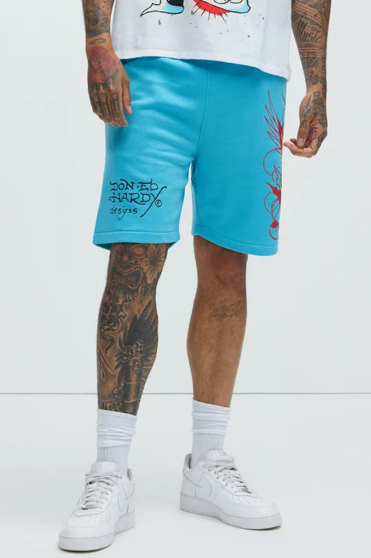 Ed Hardy Flame Skull Sweat Shorts - Blue sold by Fashion Nova