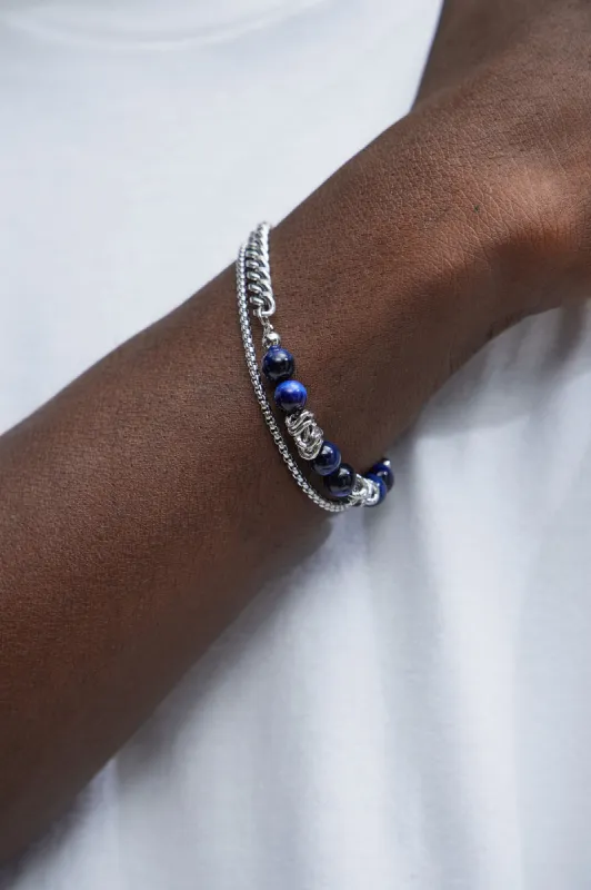 Charlie Beaded and Cuban Bracelet - Silver/Blue sold by Fashion Nova