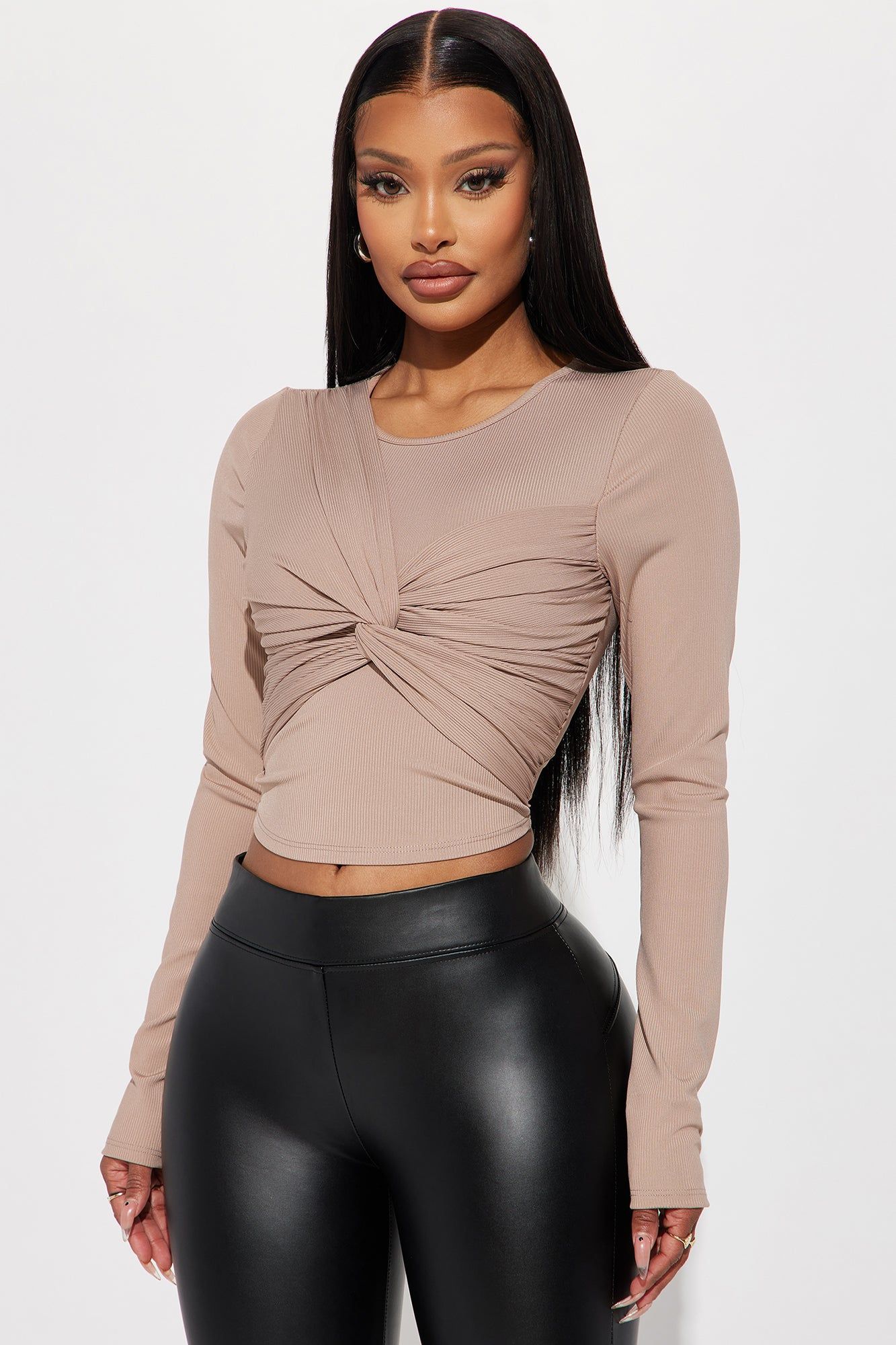 Olivia Twist Front Top - Tan sold by Fashion Nova