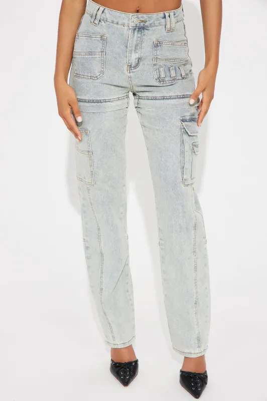 Late Nigh Confessions Convertible Stretch Cargo Jeans - Light Wash sold by Fashion Nova