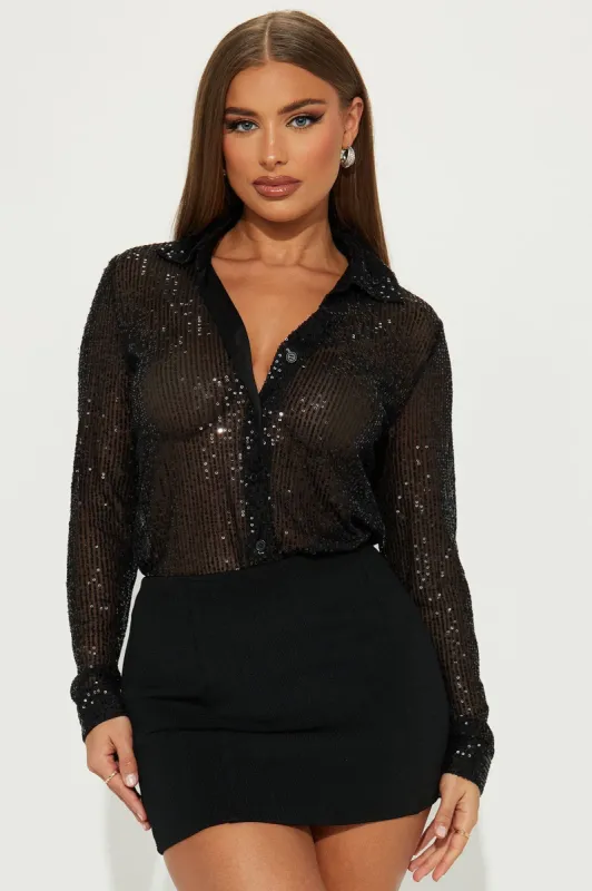 Turn Up The Lights Sequin Shirt - Black made by Fashion Nova