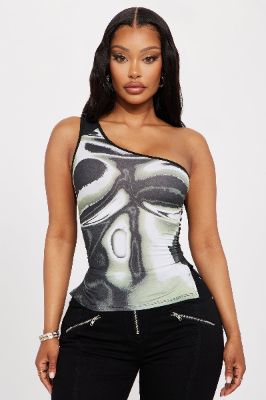 Flirty And Thriving One Shoulder Top - Olive/combo sold by Fashion Nova