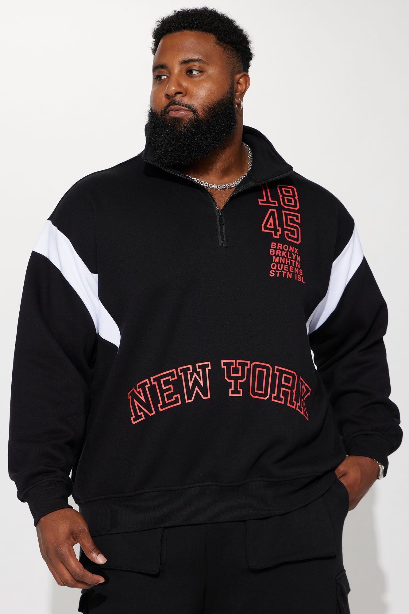 NY 1845 Quarter Zip Sweatshirt - Black/White sold by Fashion Nova product image thumbnail 2