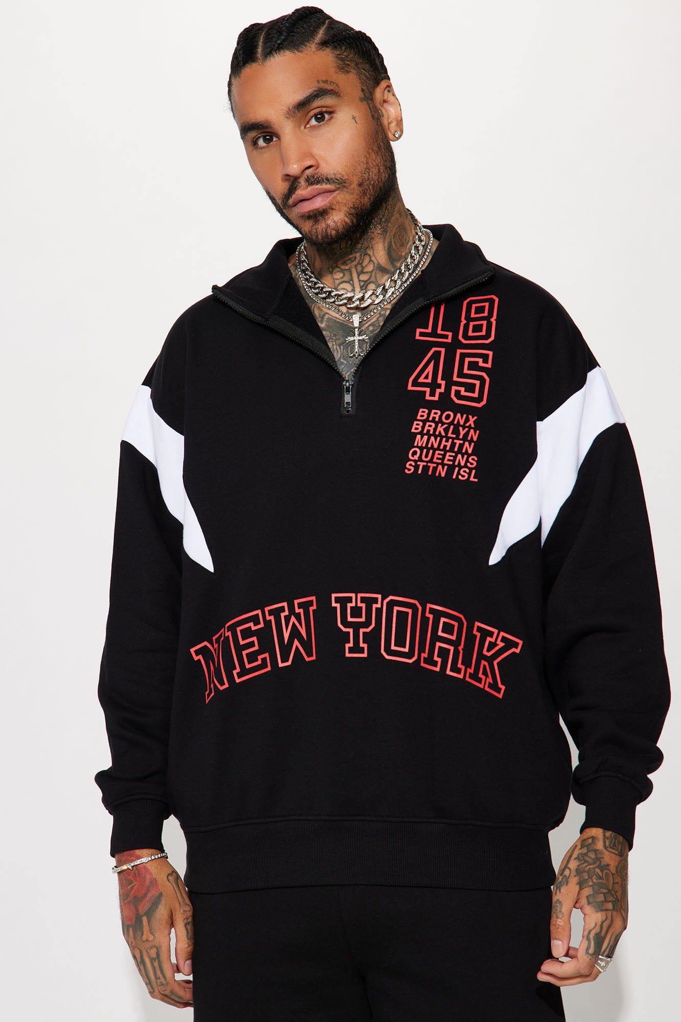 NY 1845 Quarter Zip Sweatshirt - Black/White sold by Fashion Nova