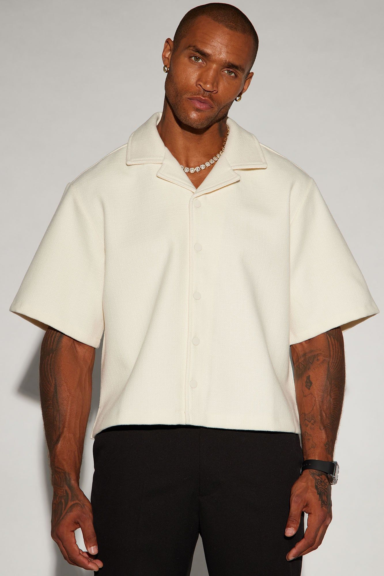 Wilder Textured Weave Cropped Button Up Shirt - Cream sold by Fashion Nova