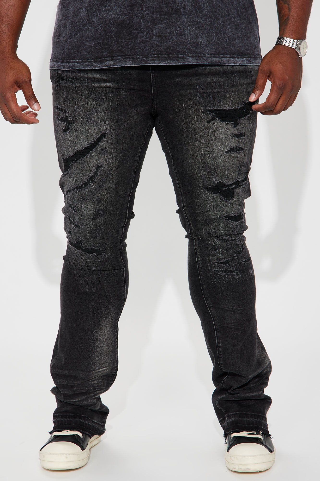 We Out Distressed Stacked Skinny Flare Jeans - Black Wash sold by Fashion Nova
