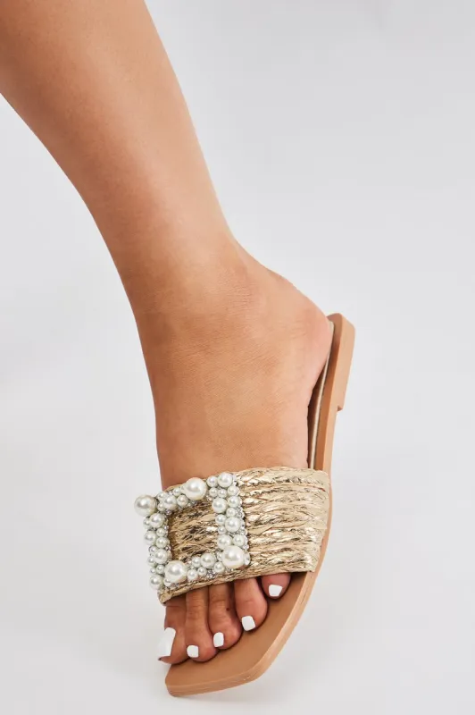 Kristy Pearl Detail Sandals - Gold sold by Fashion Nova