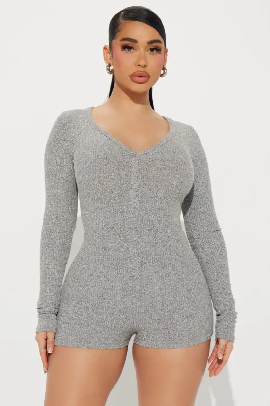 Up Till' Dawn Romper - Heather Grey sold by Fashion Nova