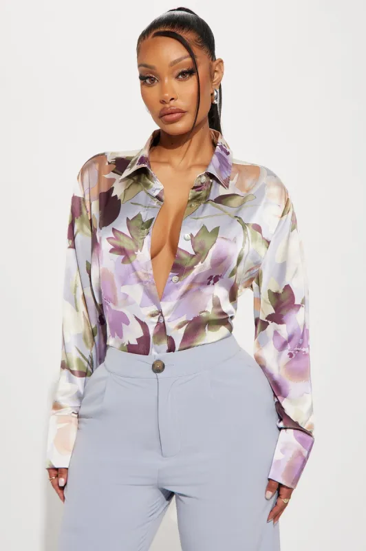 Lily Satin Shirt - Lavender/combo sold by Fashion Nova