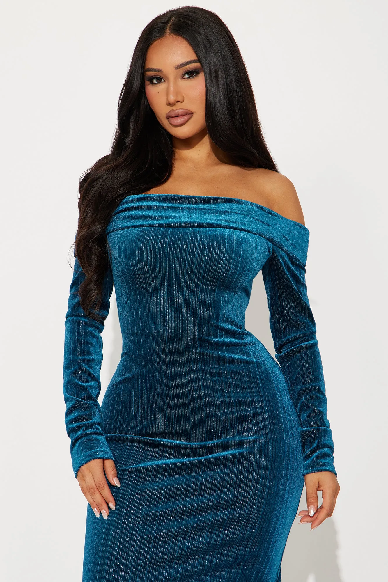 All That Shimmer Velvet Maxi Dress - Teal sold by Fashion Nova product image thumbnail 2
