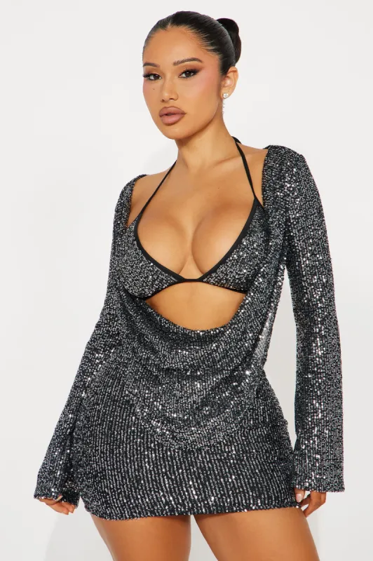 Carter Sequin Mini Dress Set - Silver/Black sold by Fashion Nova