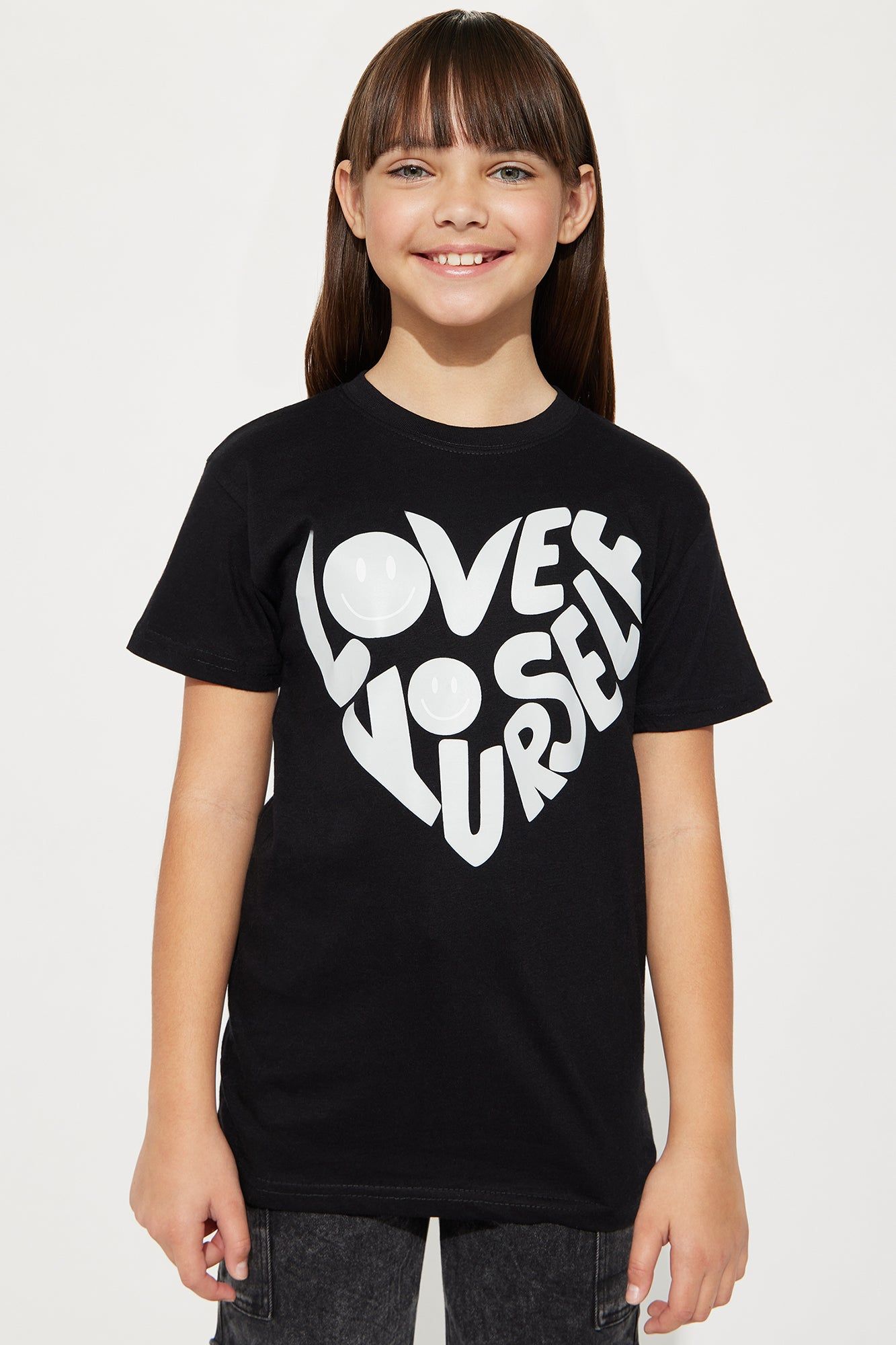 Mini Love Yourself Retro Short Sleeve Tee - Black sold by Fashion Nova