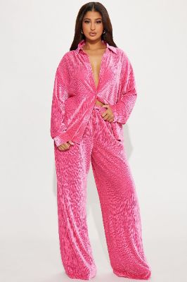 Jenelle Velvet Plisse Pant Set - Hot Pink sold by Fashion Nova